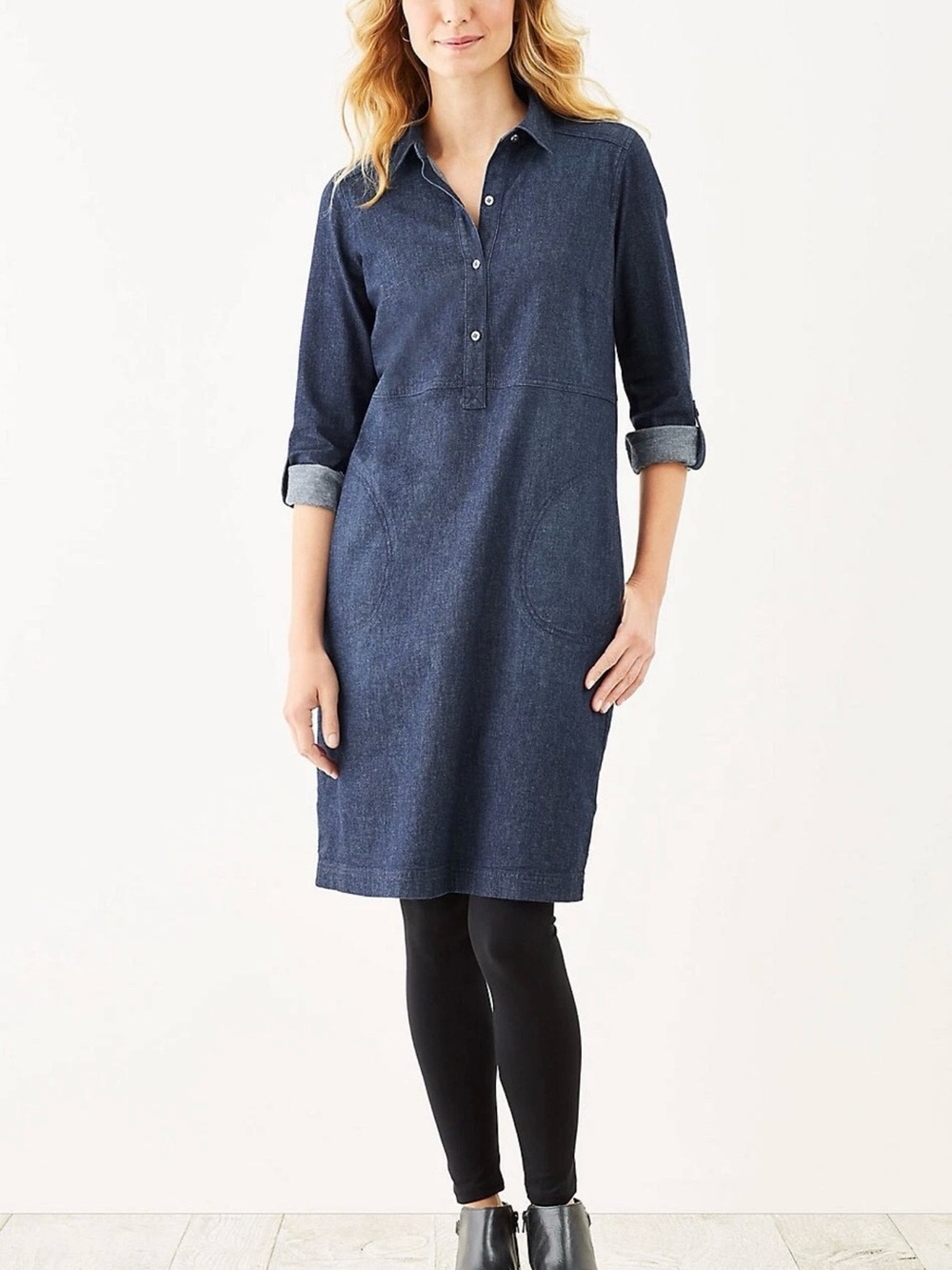 J Jill Denim Tencel Blend Popover Shirt Dress Roll Tab Sleeves Pockets Size L
